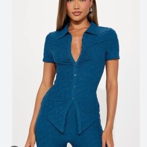Teal Button-Up Top and Pants Set